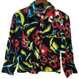 Vintage Bella Pelle Blouse S Colorful Abstract Floral Jacquard 3/4 Sleeve